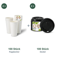 Set aus 100 Pappbecher weiß, 500 ml, 20 oz und 100 Deckel schwarz, Ø 90 mm