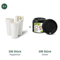 Set aus 250 Pappbecher weiß, 500 ml, 20 oz und 250 Deckel schwarz, Ø 90 mm