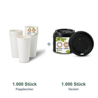 Set aus 1.000 Pappbecher weiß, 500 ml, 20 oz und 1.000 Deckel schwarz, Ø 90 mm