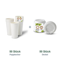 Set aus 50 Pappbecher weiß, 500 ml, 20 oz und 50 Deckel weiß, Ø 90 mm