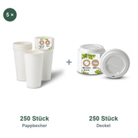 Set aus 250 Pappbecher weiß, 500 ml, 20 oz und 250 Deckel weiß, Ø 90 mm