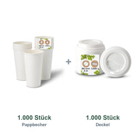 Set aus 1.000 Pappbecher weiß, 500 ml, 20 oz und 1.000 Deckel weiß, Ø 90 mm