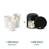Set aus 1.000 Pappbecher weiß, 200 ml und 1.000 Deckel schwarz, Ø 80 mm