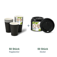 Set aus 50 Pappbecher schwarz, 300 ml und 50 Deckel schwarz, Ø 90 mm