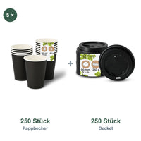 Set aus 250 Pappbecher schwarz, 300 ml und 250 Deckel schwarz, Ø 90 mm