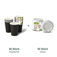 Set aus 50 Pappbecher schwarz, 300 ml und 50 Deckel weiß, Ø 90 mm