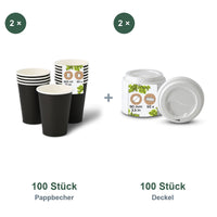 Set aus 100 Pappbecher schwarz, 300 ml und 100 Deckel weiß, Ø 90 mm