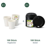 Set aus 100 Pappbecher weiß, 150 ml und 100 Deckel schwarz, Ø 80 mm