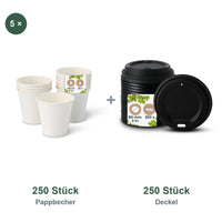 Set aus 250 Pappbecher weiß, 150 ml und 250 Deckel schwarz, Ø 80 mm