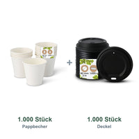 Set aus 1.000 Pappbecher weiß, 150 ml und 1.000 Deckel schwarz, Ø 80 mm