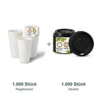 Set aus 1.000 Pappbecher weiß, 400 ml und 1.000 Deckel schwarz, Ø 90 mm