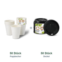Set aus 50 Pappbecher weiß, 250 ml und 50 Deckel schwarz, Ø 90 mm