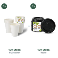 Set aus 100 Pappbecher weiß, 250 ml und 100 Deckel schwarz, Ø 90 mm