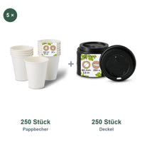 Set aus 250 Pappbecher weiß, 250 ml und 250 Deckel schwarz, Ø 90 mm