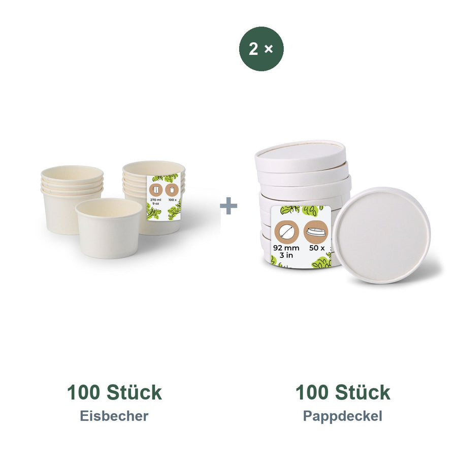 Set aus 100 Eisbecher weiß, 200 ml und 100 Pappdeckel weiß, Ø 92 mm