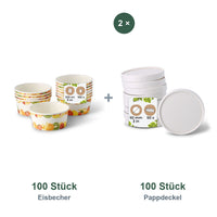 Set aus 100 Eisbecher Früchte, 100 ml und 100 Pappdeckel weiß, Ø 92 mm