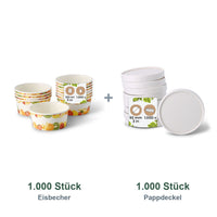 Set aus 1.000 Eisbecher Früchte, 100 ml und 1.000 Pappdeckel weiß, Ø 92 mm