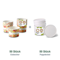 Set aus 50 Eisbecher Früchte, 200 ml und 50 Pappdeckel weiß, Ø 92 mm