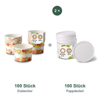 Set aus 100 Eisbecher Früchte, 200 ml und 100 Pappdeckel weiß, Ø 92 mm