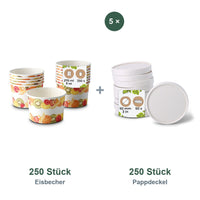 Set aus 250 Eisbecher Früchte, 200 ml und 250 Pappdeckel weiß, Ø 92 mm