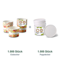 Set aus 1.000 Eisbecher Früchte, 200 ml und 1.000 Pappdeckel weiß, Ø 92 mm