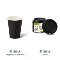 Set aus 50 Pappbecher schwarz 300 ml, 12 oz und 50 Deckel schwarz, Ø 90 mm