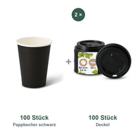 Set aus 100 Pappbecher schwarz 300 ml, 12 oz und 100 Deckel schwarz, Ø 90 mm