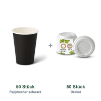 Set aus 50 Pappbecher schwarz 300 ml, 12 oz und 50 Deckel weiß, Ø 90 mm