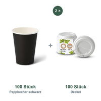 Set aus 100 Pappbecher schwarz 300 ml, 12 oz und 100 Deckel weiß, Ø 90 mm