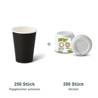 Set aus 250 Pappbecher schwarz 300 ml, 12 oz und 250 Deckel weiß, Ø 90 mm