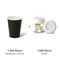 Set aus 1.000 Pappbecher schwarz 300 ml, 12 oz und 1.000 Deckel weiß, Ø 90 mm