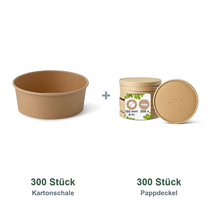 Set aus 300 Kartonschale braun, 650 ml und 300 Pappdeckel braun, Ø 150 mm