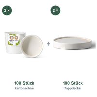 Set aus 100 Kartonschale weiß, 1000 ml und 100 Pappdeckel weiß, Ø 185 mm