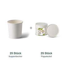 Set aus 25 Suppenbecher weiß, 300 ml, 12 oz und 25 Pappdeckel weiß, Ø 90 mm