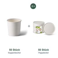 Set aus 50 Suppenbecher weiß, 300 ml, 12 oz und 50 Pappdeckel weiß, Ø 90 mm