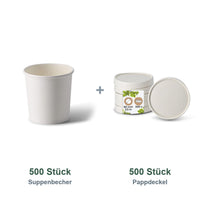 Set aus 500 Suppenbecher weiß, 300 ml, 12 oz und 500 Pappdeckel weiß, Ø 90 mm