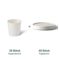 Set aus 25 Suppenbecher weiß, 600 ml, 24 oz und 25 Pappdeckel weiß, Ø 115 mm