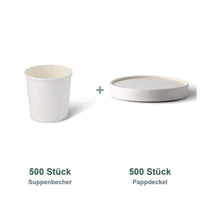 Set aus 500 Suppenbecher weiß, 600 ml, 24 oz und 500 Pappdeckel weiß, Ø 115 mm