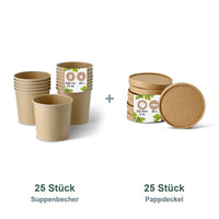Set aus 25 Suppenbecher braun, 600 ml, 24 oz und 25 Pappdeckel braun, Ø 115 mm