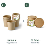 Set aus 50 Suppenbecher braun, 600 ml, 24 oz und 50 Pappdeckel braun, Ø 115 mm